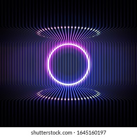 Neon color geometric circle on metal stripe pattern background. . Round mystical portal, luminous line, neon sign. Reflection of blue and pink neon light on the floor. Vector.