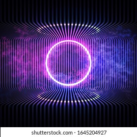 Neon color geometric circle on metal stripe pattern background. Round mystical portal, neon sign. Reflection of blue and pink neon light on the floor. Rays of light in the dark, smoke. Vector.