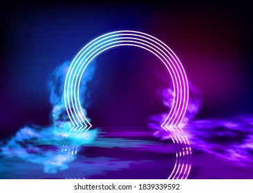 Neon color geometric circle on pattern background. Round mystical portal, neon sign. Reflection of blue and pink neon light on the floor. Rays of light in the dark, smoke. Vector.