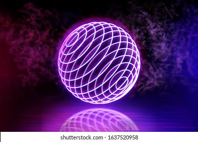 Neon color geometric circle sphere on a dark background. Sphere structure, luminous line, neon sign. Reflection of blue and pink neon light on the floor. Rays of light in the dark, smoke. Vector.