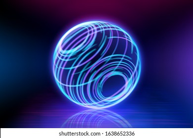 Neon color geometric circle sphere on a dark background. Sphere structure, luminous line, neon sign. Reflection of blue and pink neon light on the floor. Rays of light in the dark, smoke. Vector.