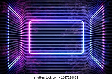 Neon color geometric round rectangle on metal stripe pattern background. Mystical portal, luminous line, neon sign. Reflection of blue and pink neon light on the floor. Rays of light in the dark