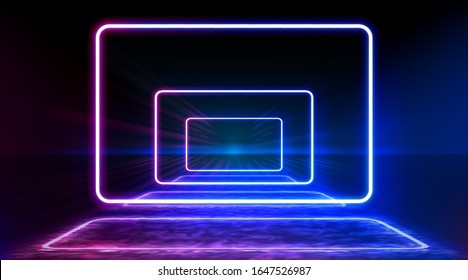 Neon color geometric round rectangle on metal stripe pattern background. Mystical portal, luminous line, neon sign. Reflection of blue and pink neon light on the floor. Rays of light in the dark