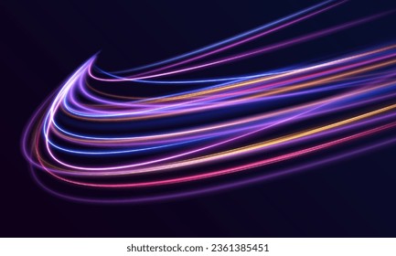 Neon color glowing lines background, high-speed light trails effect. Modern abstract high-speed light motion effect on black background. Light motion effect, slow shutter of traffic.	