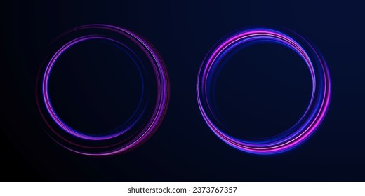 Neon color glowing lines background, high speed light trails effect. Unreal abstract background. Futuristic dynamic motion technology. Purple glow wave swirl, impulse cable lines. Glow vector circle.