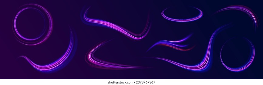 Neon color glowing lines background, high speed light trails effect. Unreal abstract background. Futuristic dynamic motion technology. Purple glow wave swirl, impulse cable lines. Glow vector circle.