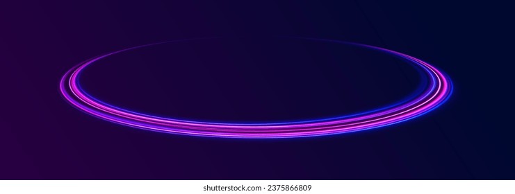Neon color glowing lines background, high speed light trails effect. Unreal abstract background. Futuristic dynamic motion technology. Purple glow wave swirl, impulse cable lines. Glow vector circle.