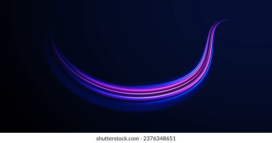 Neon color glowing lines background, high speed light trails effect. Unreal abstract background. Futuristic dynamic motion technology. Purple glow wave swirl, impulse cable lines. Glow vector circle.