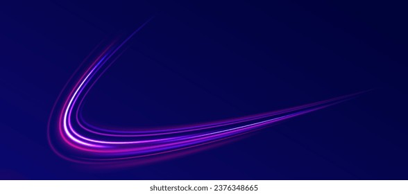 Neon color glowing lines background, high speed light trails effect. Unreal abstract background. Futuristic dynamic motion technology. Purple glow wave swirl, impulse cable lines. Glow vector circle.