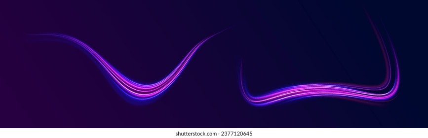 Neon color glowing lines background, high speed light trails effect. Unreal abstract background. Futuristic dynamic motion technology. Purple glow wave swirl, impulse cable lines. Glow vector circle.