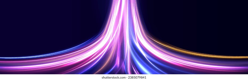 Fondo de líneas brillantes de color neón, efecto de trazas de luz de alta velocidad. Tecnología de movimiento dinámico futurista. Fondo de líneas brillantes de color neón, efecto de trazas de luz de alta velocidad.	