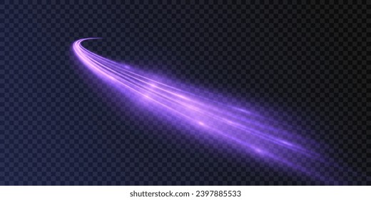Neon color glowing lines background, high speed light trails effect. Purple glowing wave vortex, impulse cable lines. Vector 