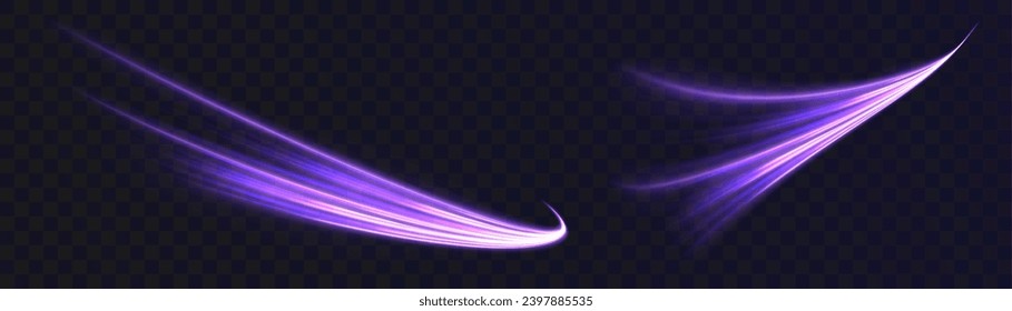 Fondo de líneas brillantes de color neón, efecto de trazas de luz de alta velocidad. Vórtice violeta de onda brillante, líneas de cable de impulso. Vector 