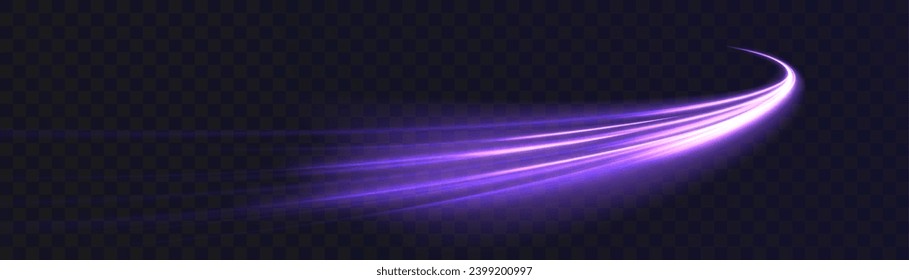 Neon color glowing lines background, high speed light trails effect. Purple glowing wave vortex, impulse cable lines. Vector 