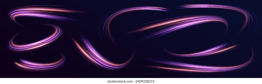 Fondo de líneas brillantes de color neón, efecto de trazas de luz de alta velocidad. Tecnología de movimiento dinámico futurista. Círculo dinámico del neón giratorio. Chispas brillantes de color de ola espiral.	