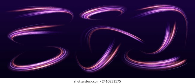 Neon color glowing lines background, high-speed light trails effect. Futuristic dynamic motion technology. Rotating dynamic neon circle. Colored shiny sparks of spiral wave.	