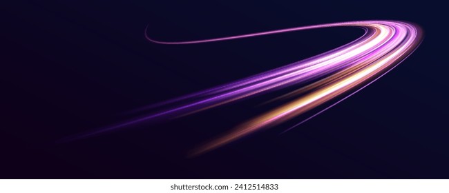 Fondo de líneas brillantes de color neón, efecto de trazas de luz de alta velocidad. Tecnología de movimiento dinámico futurista. Círculo dinámico del neón giratorio. Chispas brillantes de color de ola espiral.	