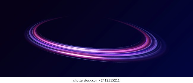 Neon color glowing lines background, high-speed light trails effect. Futuristic dynamic motion technology. Rotating dynamic neon circle. Colored shiny sparks of spiral wave.	