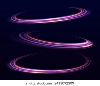 Neon color glowing lines background, high-speed light trails effect. Futuristic dynamic motion technology. Rotating dynamic neon circle. Colored shiny sparks of spiral wave.	