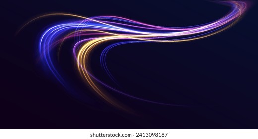 Neonfarbige leuchtende Linien Hintergrund, High-Speed-Lichtspuren Wirkung. Futuristische dynamische Bewegungstechnologie. Dynamisierender Neonkreis. Farbige glänzende Funken der Spiralwelle.	