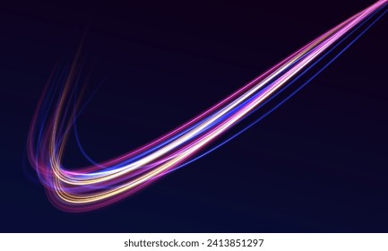 Fondo de líneas brillantes de color neón, efecto de trazas de luz de alta velocidad. Tecnología de movimiento dinámico futurista. Círculo dinámico del neón giratorio. Chispas brillantes de color de ola espiral.	