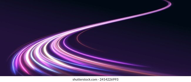 Neon color glowing lines background, high-speed light trails effect. Futuristic dynamic motion technology. Rotating dynamic neon circle. Colored shiny sparks of spiral wave.	