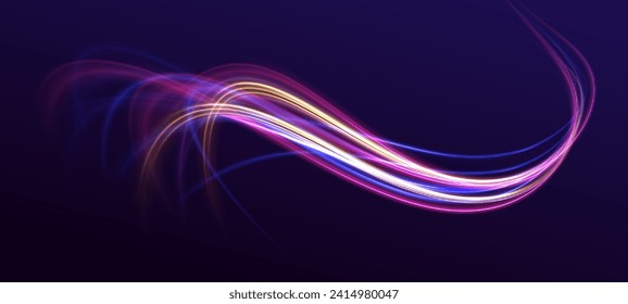 Neon color glowing lines background, high-speed light trails effect. Futuristic dynamic motion technology. Rotating dynamic neon circle. Colored shiny sparks of spiral wave.	