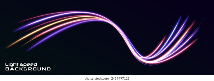 Neon color glowing lines background, high-speed light trails effect electric light, light effect. Light and stripes moving fast over dark background. Particle motion effect vector.	