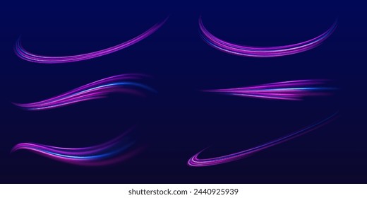 Neon color glowing lines background, high-speed light trails effect. Big data traffic visualization, dynamic high speed data streaming traffic. Light blue Twirl. Electric light, light effect.