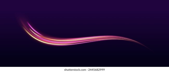 Fondo de líneas brillantes de color de neón, efecto de rastros de luz de alta velocidad. Movimiento de neón con líneas onduladas brillantes. Onda púrpura brillante remolino, líneas de cable de impulso. Vector.	
