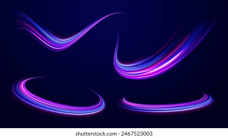 Neon color glowing lines background, high-speed light trails effect electric light, light effect png. Futuristic dynamic motion technology.	