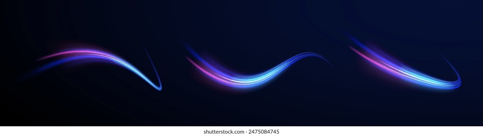 Neon color glowing lines background, high-speed light trails effect. Racing cars dynamic flash effects city road with long exposure night lights.	