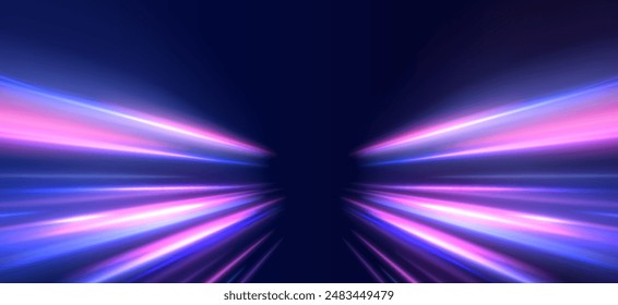Neon color glowing lines background, high-speed light trails effect. Panoramic high speed technology concept, light abstract background.	