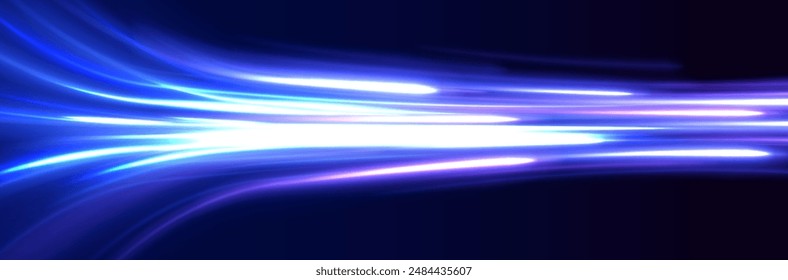 Neon color glowing lines background, high-speed light trails effect. Modern abstract high-speed light motion effect on black background. Light motion effect, slow shutter of traffic.	