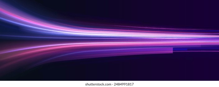 Neon color glowing lines background, high-speed light trails effect. Modern abstract high-speed light motion effect on black background. Light motion effect, slow shutter of traffic.