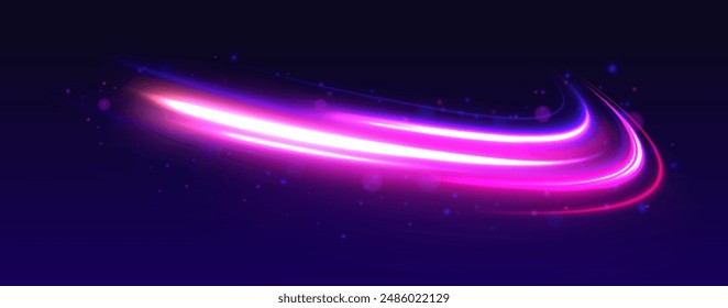 Fondo de líneas brillantes de color de neón, efecto de rastros de luz de alta velocidad. Efecto de movimiento de luz abstracto moderno de alta velocidad sobre fondo negro. Efecto de movimiento ligero, obturador lento del tráfico.	
