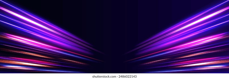 Neon color glowing lines background, high-speed light trails effect. Modern abstract high-speed light motion effect on black background. Light motion effect, slow shutter of traffic.	