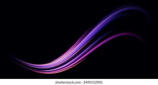Neon color glowing lines background, high-speed light trails effect. Modern abstract high-speed light motion effect on black background. Light motion effect, slow shutter of traffic.