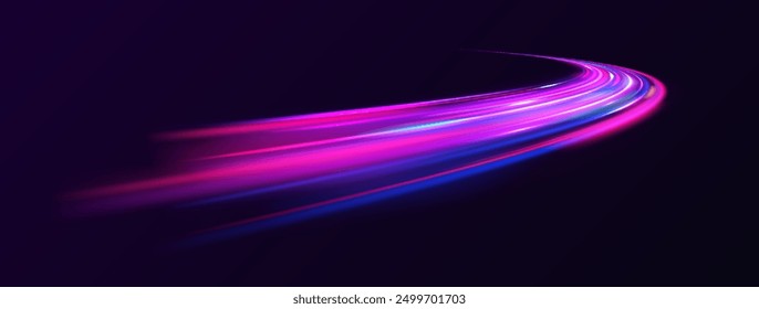 Neon color glowing lines background, high-speed light trails effect. Modern abstract high-speed light motion effect on black background. Light motion effect, slow shutter of traffic.	