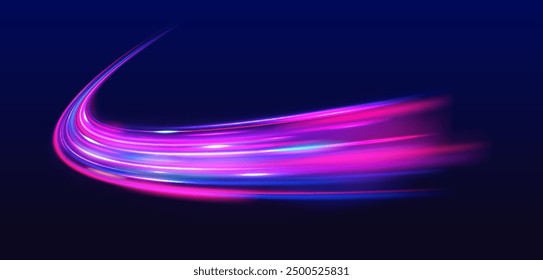 Neon color glowing lines background, high-speed light trails effect. Modern abstract high-speed light motion effect on black background. Light motion effect, slow shutter of traffic.	