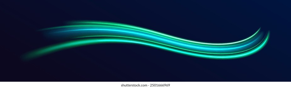 Neon color glowing lines background, high-speed light trails effect. Modern abstract high-speed light motion effect on black background. Light motion effect, slow shutter of traffic.	