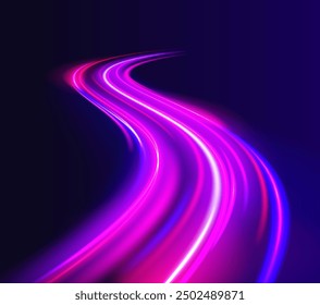 Neon color glowing lines background, high-speed light trails effect. Modern abstract high-speed light motion effect on black background. Light motion effect, slow shutter of traffic.	