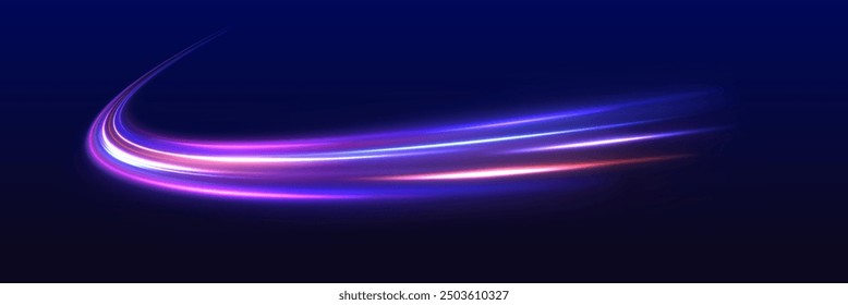 Neon color glowing lines background, high-speed light trails effect. Modern abstract high-speed light motion effect on black background. Light motion effect, slow shutter of traffic.	