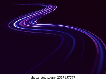 Fundo de linhas brilhantes de cor de néon, efeito de trilhas de luz de alta velocidade. Trilhas de linha de luz neon brilhante mágica. Rastreamento de clarão de luz de brilho vetorial. Imagem abstrata do movimento da velocidade na estrada.	
