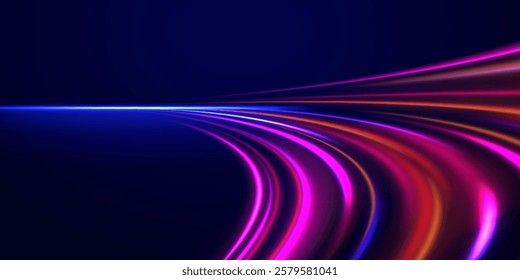 Neon color glowing lines background, Glowing wave swirl, impulse cable lines. High-speed light trails effect. Futuristic dynamic motion technology. Png, neon, line, blur, beam, ray, abstract, energy, 