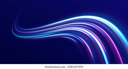 Neon color glowing lines background, Glowing wave swirl, impulse cable lines. High-speed light trails effect. Futuristic dynamic motion technology. Png, neon, line, blur, beam, ray, abstract, energy, 