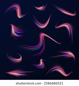 Neon color glowing lines background, Glowing wave swirl, impulse cable lines. High-speed light trails effect. Futuristic dynamic motion technology. Png, neon, line, blur, beam, ray, abstract, energy, 