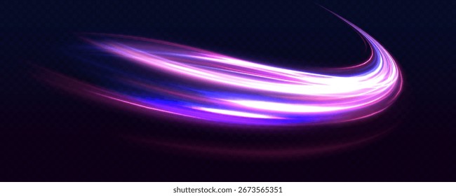 Fondo de líneas brillantes de color neón, luz de alta velocidad. Efecto de movimiento de luz de alta velocidad abstracto moderno sobre un fondo negro, con rayas de neón en forma de taladros, giros y remolinos.	
