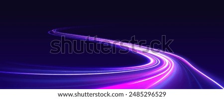 Neon color glowing lines background, high-speed light trails effect. Modern abstract high-speed light motion effect on black background. Light motion effect, slow shutter of traffic.	