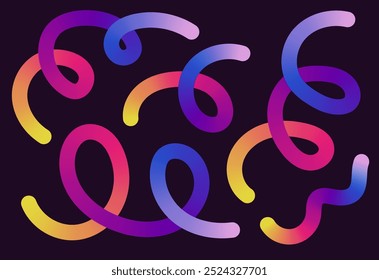 Neon Color Gradient squiggle lines. Scribble stripe with wavy elements. Abstract organic dynamic colorful Sshapes on dark background